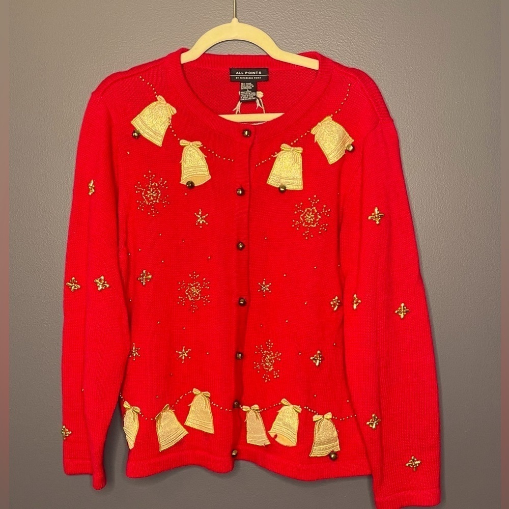 Christmas Holiday Red and Gold Sweater Cardigan. Jingle bells. Size Large.